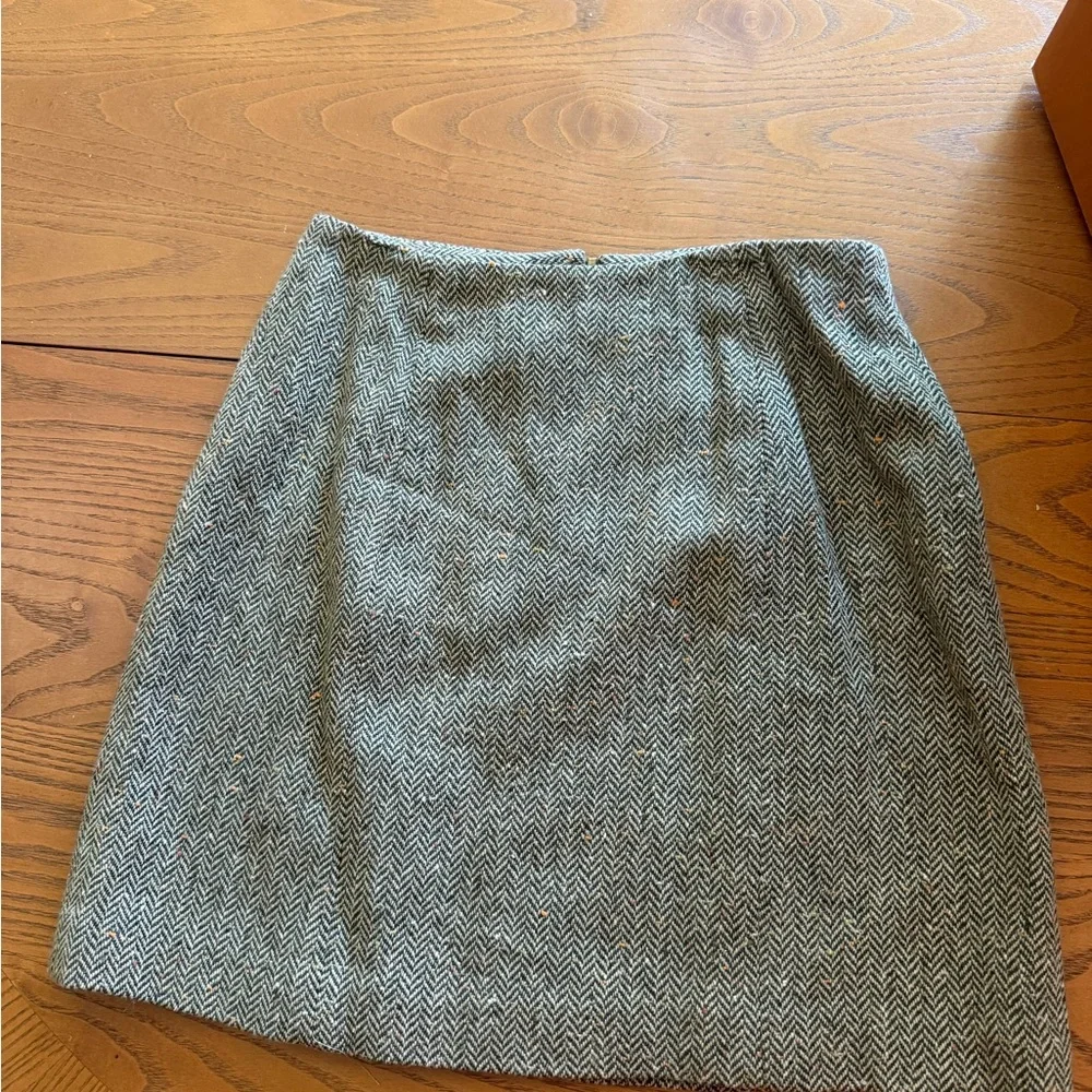 Y2K Cache Tweed Herringbone Mini Skirt‎ Leather Zipper Size 8
